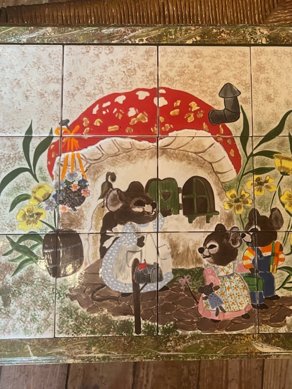 Vintage 1990 Whimsical Mice Tile Painting Framed Nursery Wall Hanging Collector